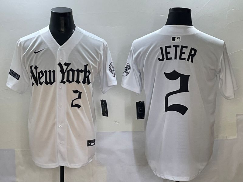 Men 2025 New York Yankees #2 Jeter White Five generations Joint Name Nike MLB Jersey style 11